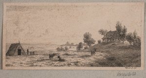 Landschaft mit einem Bauernhaus und einer Hütte