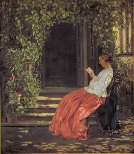 Lesende Dame vor einer Gartentür
