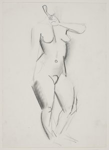Stehendes weibliches Modell mit der linken Hand vor dem Mund von Vilhelm Lundstrøm