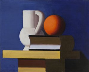 Stillleben mit weißem Krug, Orange und Buch