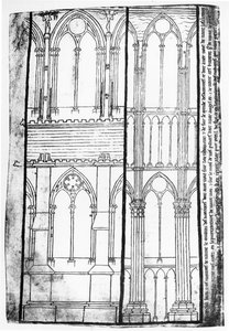 Faksimile-Kopie von Ms Fr 19093 fol.31v Außen- und Innenansicht der Seitenwände der Kathedrale von Reims