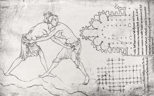 Ms.Fr.19093 fol.14v Zwei Ringer, Plan einer Zisterzienserkirche und Plan des Chors von Notre-Dame de Cambrai (Faksimilekopie)