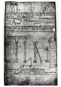 Ms.Fr.19093 fol.20v Geometrische Figuren für den Bau, Bögen und ein Mann, der die Höhe eines Turms misst (Faksimile)
