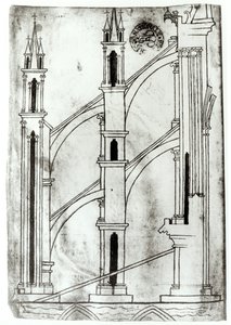 Ms Fr 19093 f.32v Abschnitt der Wand und des Bogens der Apsidenkapellen der Kathedrale von Reims (Faksimilekopie)