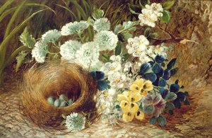 Ein Stillleben mit Blumen und einem Vogelnest auf einem moosigen Ufer von Vincent (after) Clare