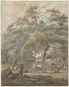 Bauernhof mit zwei Männern, die eine Wiege auf einen Pferdewagen laden von Vincent Jansz. van der Vinne