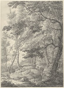 Waldlandschaft mit einer Holzbrücke und zwei Wanderern von Vincent Jansz. van der Vinne