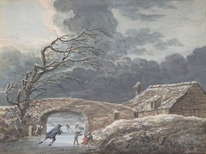 Winterlandschaft mit Schlittschuhläufern auf einem zugefrorenen Kanal von Vincent Jansz. van der Vinne