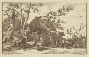 Sitzender Hirte mit Vieh vor einer verfallenen Scheune von Vincent Jansz. van der Vinne