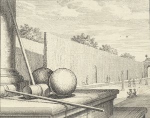 Krocket-Ausrüstung mit Krocketspielern im Hintergrund, 1714