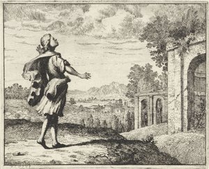 Mann in einer Landschaft, der zum Himmel schaut