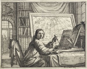 Mann mit Zirkel bei Landkarten