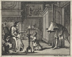 Vater erschreckt ein Kind im Innenraum von Vincent Laurensz. van der Vinne (II)