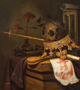 Ein Vanitas-Stillleben mit einem Schädel, Krone, Zepter, Flöte, Blasebalg, Sanduhr, Nelken in einer Glasvase, Schriftrolle, Buch und einem gravierten Porträt von Charles I. von Vincent Laurensz van der Vinne