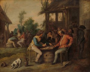 Zwei Männer beim Kartenspiel vor einem Landgasthof von Vincent Malò (II) (attributed to)
