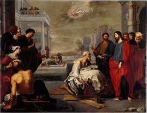 Jesus heilt auf wundersame Weise einen Gelähmten in Kafarnaum von Vincent Malo