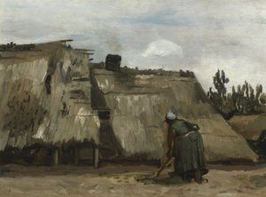 Eine Bäuerin gräbt vor ihrer Hütte, ca. 1885