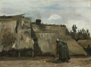Eine Bäuerin gräbt vor ihrer Hütte, ca. 1885