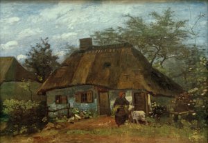 Bauernhaus und Frau mit Ziege