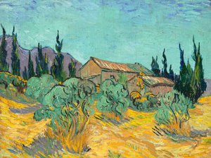 Holzhütten zwischen Olivenbäumen und Zypressen von Vincent van Gogh