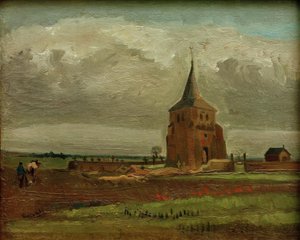 Der alte Friedhofsturm in Nuenen mit pflügendem Bauer von Vincent van Gogh