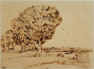 Landschaft mit Haus und Bäumen
