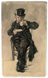 Armenhausbewohner mit Zylinder trinkt eine Tasse Kaffee, 1882