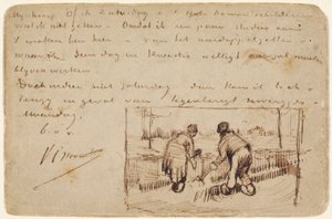 Postkarte mit zwei Bauern beim Graben, 1885