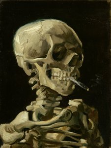 Schädel eines Skeletts mit brennender Zigarette