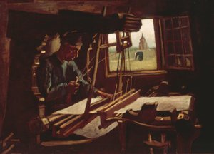 Weber vor offenem Fenster mit Blick auf den Turm von Nuenen von Vincent van Gogh