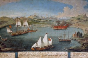 Seeschlacht zwischen venezianischen Schiffen von Marco Ivanovich Dobrota und türkischen Schiffen, 19. April