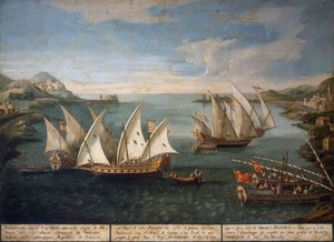 Seeschlacht zwischen venezianischen Schiffen von Marco Ivanovich Dobrota und türkischen Schiffen vor Patras am 17. April