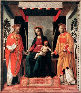 Die Jungfrau und das Kind umgeben von den Heiligen Faustin und Giovita (Faustino und Giovita Schutzpatrone von Brescia) Gemälde von Vincenzo Foppa (ca. 1427-ca. 1515) Brescia, Pinacoteca Tosio Martinengo Italien