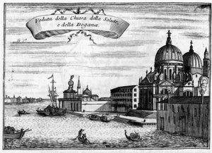 Venedig, Italien. Die Kirche Santa Maria della Salute, entworfen vom Architekten Baldassare Longhena, und die Maritime Zollstation. In „Singolarita di Venezia“ von Vincenzo Coronelli (1650-1718). von Vincenzo Maria Coronelli