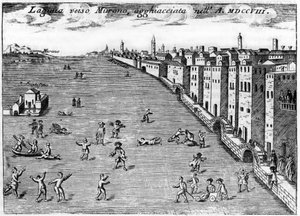 Venedig, Italien. Die Lagune in Richtung Murano im Jahr 1708 in „Singolarita di Venezia“ von Vincenzo Coronelli (1650-1718)