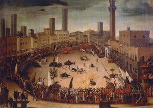 Stierjagd auf der Piazza del Campo im Jahr 1546, ca. 1585 von Vincenzo Rustici