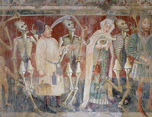 Bei Pazin, Königin und Kaufmann begleitet vom Tod, Totentanz (1474), Detail, Fresko in der Friedhofskirche St. Maria von Felsen, von Vincenzo da Castua, Beram, Istrien, Kroatien