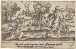 Atalanta und Hippomenes, im Vordergrund kniet Atalanta, um einen Apfel aufzuheben von Virgil Solis