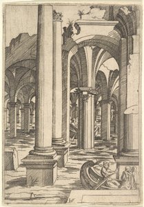 Boote durch überflutete Ruinen gerudert, ca. 1550-62 von Virgil Solis