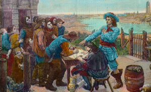 Der französische Freibeuter Jean Bart mit Fischern in Dünkirchen - Der Freibeuter Jean Bart (1650-1702) mit den Fischern von Dünkirchen - Gravur nach dem Gemälde von Virginie Demont-Breton (Demont Breton), das während des Zweiten Weltkriegs zerstört wurde von Virginie Demont Breton