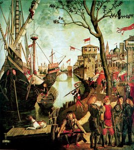 Ankunft der Heiligen Ursula in Köln während der Belagerung durch die Hunnen Die Legende der Heiligen Ursula, 1490 von Vittore Carpaccio