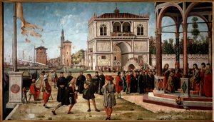 Zyklus des Lebens der Heiligen Ursula, dritte Episode: Die Rückkehr der Botschafter zum König von England von Vittore Carpaccio