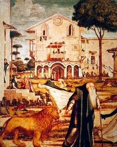 Der heilige Hieronymus zähmt den Löwen (Detail) von Vittore Carpaccio