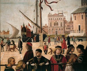 Szenen aus dem Leben der Heiligen Ursula (aus der Goldenen Legende von Jacobus de Voragine) Ankunft der englischen Botschafter (Detail) von Vittore Carpaccio