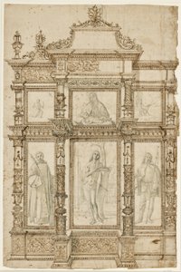 Studie für ein Altarbild mit sechs Bildern in einer verzierten Rahmenstruktur. Oben: Die Stigmatisation des Hl. Franziskus, Madonna mit Kind, Hl. Hieronymus in der Wildnis; unten: Hl. Laurentius, Sebastian und Rochus