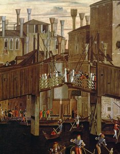 Das Wunder des Relikts des Heiligen Kreuzes, Detail der alten Rialto-Brücke