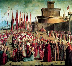 Die Pilger werden von Papst Cyriacus vor den Mauern Roms empfangen, Die Legende der Heiligen Ursula, 1497 von Vittore Carpaccio