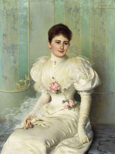 Porträt einer Dame, sitzend, dreiviertel Länge, in einem weißen Kleid