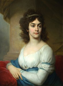 Porträt einer unbekannten Frau in weißem Kleid mit blauem Band, Ende 1790er von Vladimir Lukich Borovikovsky