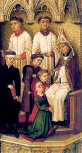 Triptychon der Erlösung, Detail der Bögen und des Portals, die das zentrale Panel überwinden, das das Sakrament der Firmung beschreibt von Vrancke van der Stockt